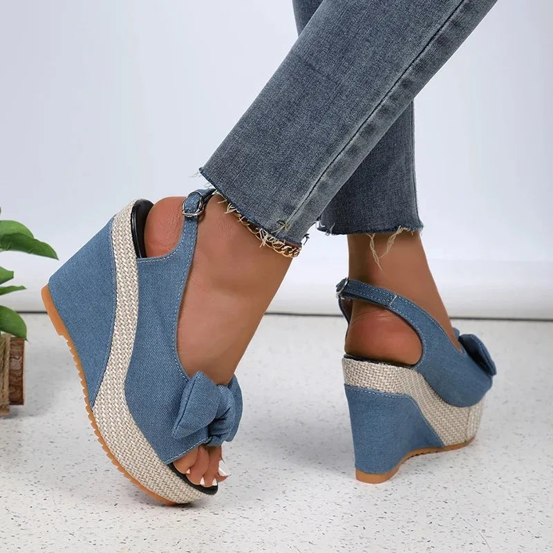 Fashion Bowknot Wedge Heel Sandals for Women Denim Peep Toe Chunky Platform Sandalias Mujer Back Strap High Heel Gladiator Shoes