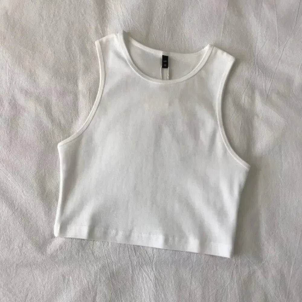 Summer Sleeveless Tops Women Retro White Crop Tops One-Piece Elastic Camisole Tank Tops Female Halter Vest Y2k Girls Slim Short - AIAZ