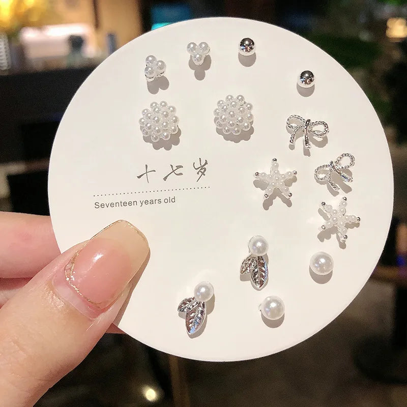 7 Pair/Set Korean Silver Color Fashion Geometric Female Small Earrings Multiple Pairs of Butterfly Cute Stud Earrings Jewelry