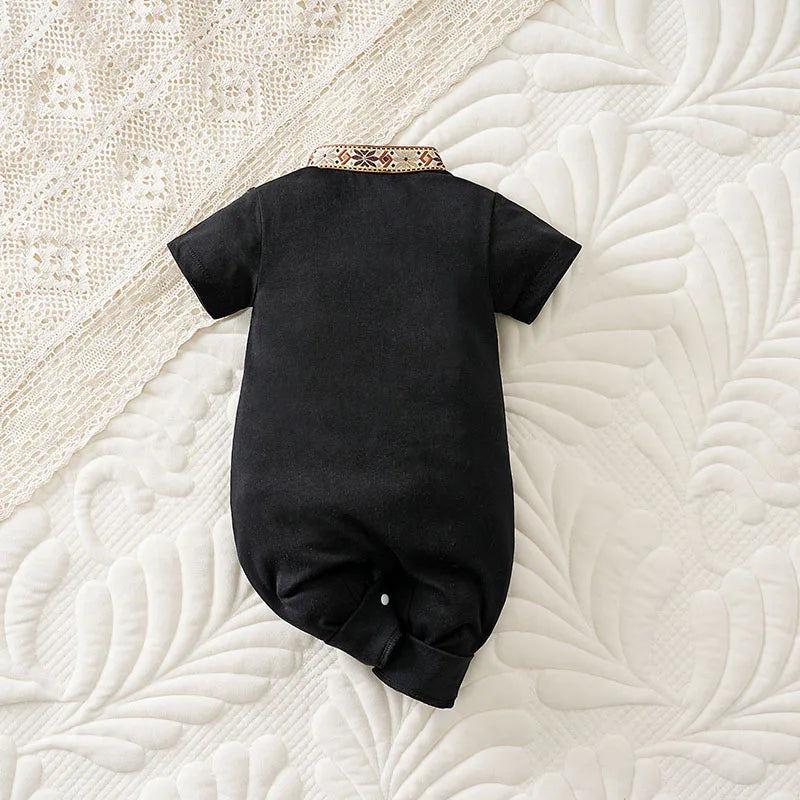 Ethnic Retro Lace Black Design 100% Cotton Soft&Comfortable 2025Newborn Summer0-18Months Boys and Girls Baby Short-Sleeve Romper