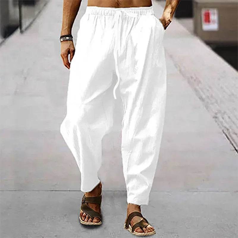 2025 Men Cotton Linen Pants Summer and Autumn Solid High Waist Wide-Leg Trousers Male Loose Hemp Casual Breathable Sports Pants - AIAZ