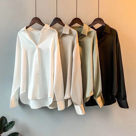 Soft Business Shirt Elegant Silky Satin Women's Spring Fall Blouse with Turn-down Collar Long Sleeve Single-breasted for Formal - AIAZ
