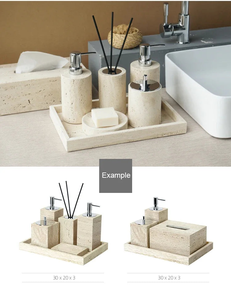 Beige Travertine Bathroom Accessories Set Natural Marble Soap Dispenser Soap Dish Reed Diffuser Vanity Tray Bathroom Set