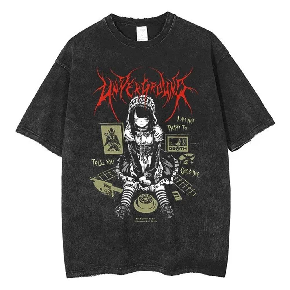 Anime Men's T Shirts Gothic Printed T-Shirt Hip Hop Streetwear Punk Summer Vintage Washed Oversized Tops Men Clothing - AIAZ
