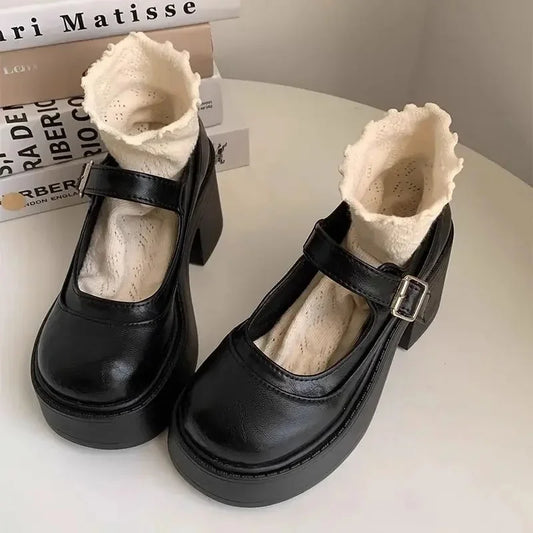 Brown Retro French Thick Heel Mary Janes Women's Shoes Spring 2025 New Style Heightening Flat Mouth High Heels Loafers Shoes