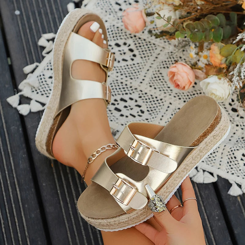 Fashion Gold Chunky Platform Sandals Women Double Buckle Plus Size 35-43 Beach Slippers Woman Non Slip Wedge Heel Sandles Mujer