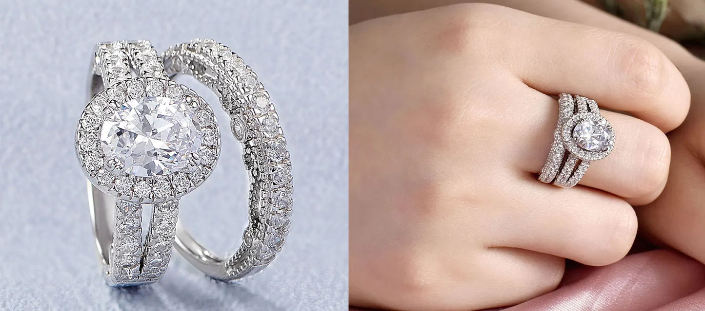 Newshe Vintage 4 Carats Oval Cut 5A Cubic Zircon Wedding Engagement Rings Set for Women Solid 925 Sterling Silver Bridal Jewelry