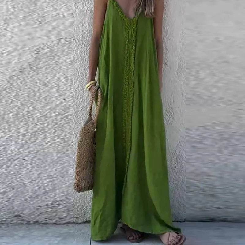 Woman Sexy V Neck Tassel Long Dresses Spring Solid Loose Boho Suspender Dress New Summer Sleeveless Vacation Maxi Dress Vestidos - AIAZ