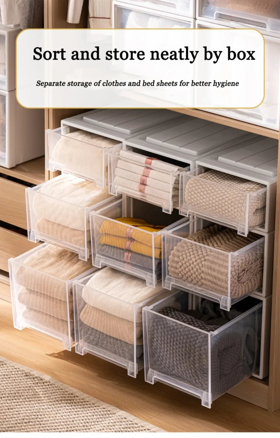 Wardrobe Storage Box High-capacity Drawer Style Stackable Container Transparent Plastic Containers for Household Use Storage