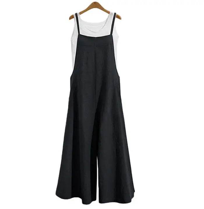 Women Straps Jumpsuit Summer Solid Color Wide Leg Pants Dungaree Bib Overalls Casual Loose Sleeveless Cotton Linen Jumpsuits 5Xl - AIAZ