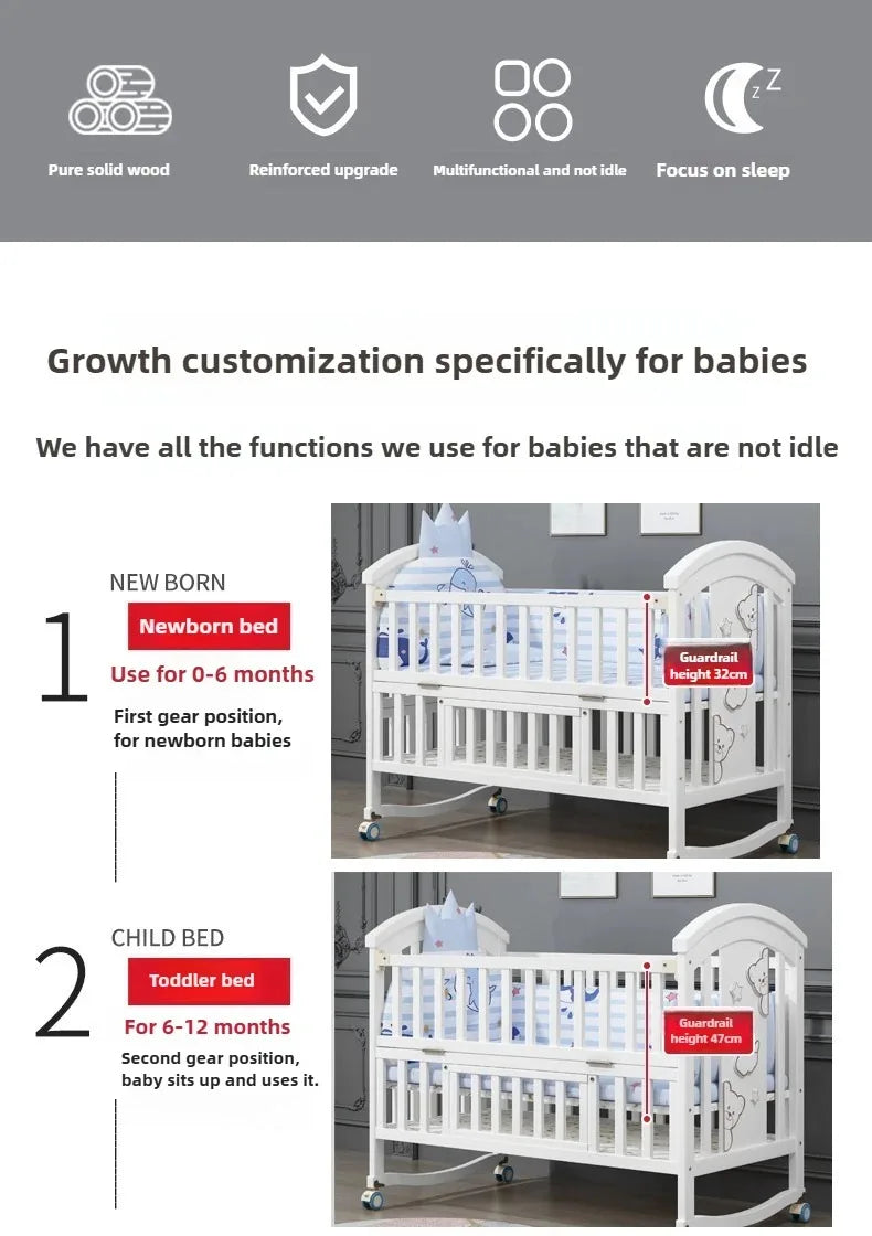 2025New Solid Wood Baby Crib Movable Splicing Bed Multifunctional Baby Rocking Bed Adjustable Guardrail Height with Mosquito Net