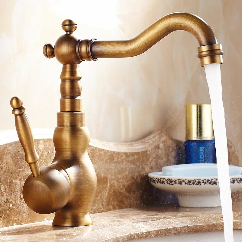 Antique Brass Bathroom Faucet Rotating Spout Basin Sink Mixer Tap Bathroom Kitchen Washing Faucet Washbasin Taps Kitchen Mixers
