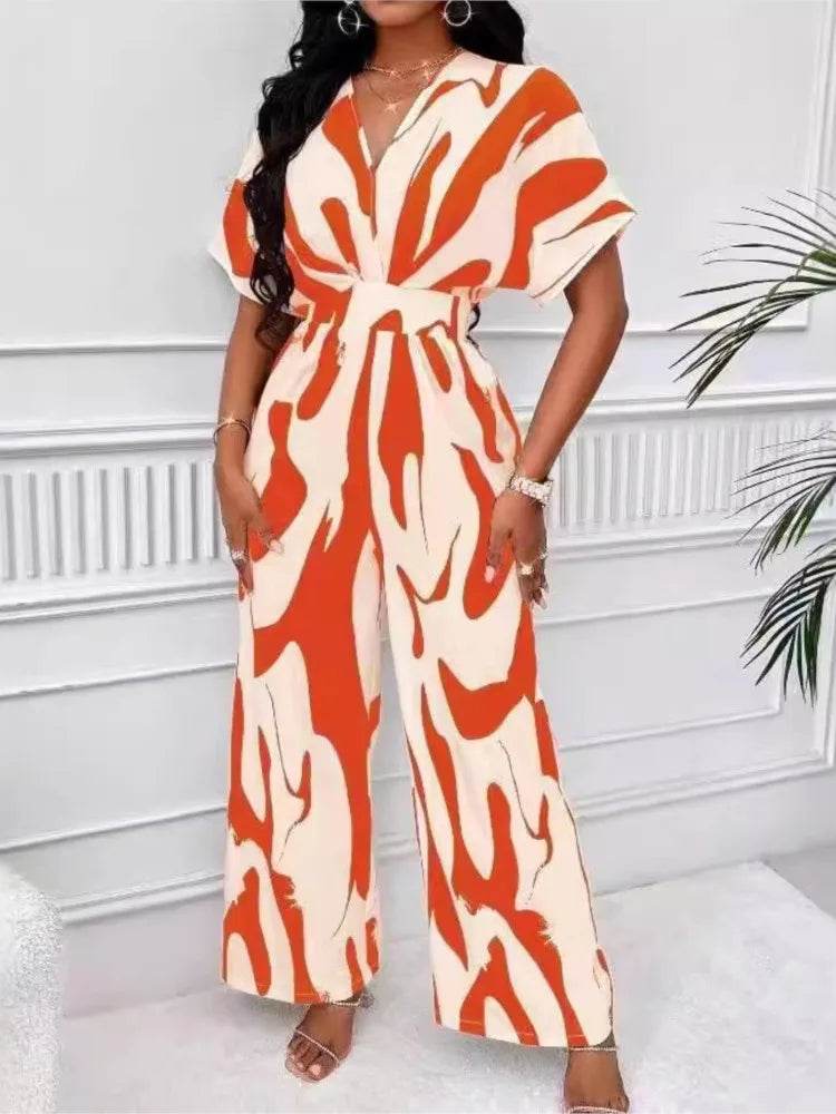 Women Fashion Jumpsuit Short Sleeved High Waist Sexy V-neck Print Wide Leg Long Pants Jumpsuits Summer New Casual Women Clothes - AIAZ