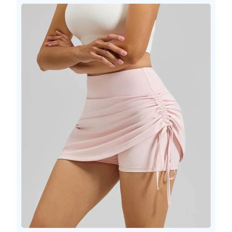 Shirring Sports Skirts with Safety Trousers for Women High Elastic Fashion Casual Fitness Skirts Fake Two Pieces Yoga Skirts - AIAZ