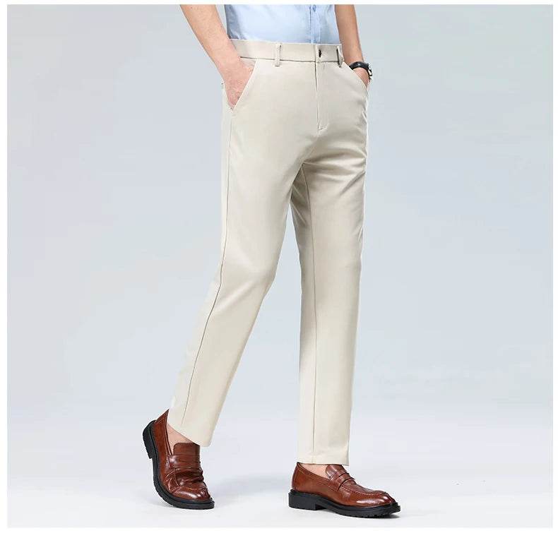 Men Suit Pants Light Thin Elastic Slim Fit Dress Pants Business Solid Casual Straight Leg Trouser Men Clothing Oversize 29-42 - AIAZ