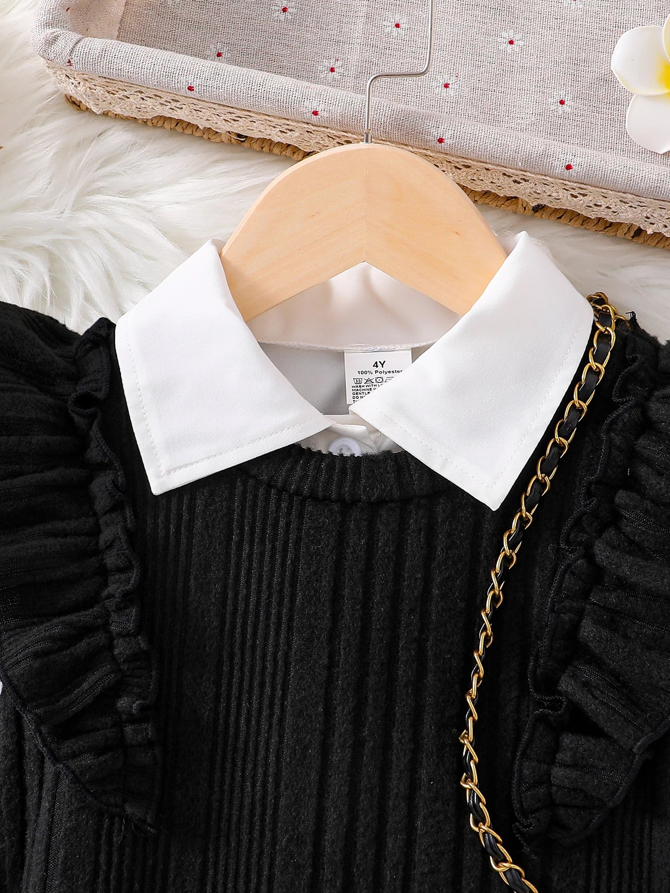 Girls Fashion Casual Dress Set Spring Autumn White Lapel Flower Sleeve Shirt Solid Color Knitted Wing Sleeve Dress