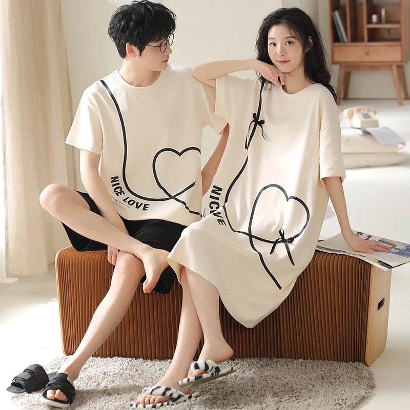 Summer Couple Pajama Sets 100%Cotton Men Short Sleeve Pyjamas Sexy Women Nightgown - AIAZ