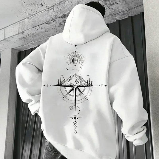 Vintage Compass Print Hoodies for Men High Quality Hooded Long Sleeve Pullover All Season Daily Casual Sports Tops Men's Clothes - AIAZ