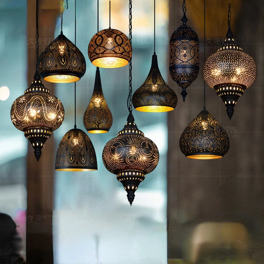 Southeast Asian Pendant Lights Antique Hollow Hanging Light Fixture Thai Arabian Restaurant Bedroom Moroccan Decorative Lamps