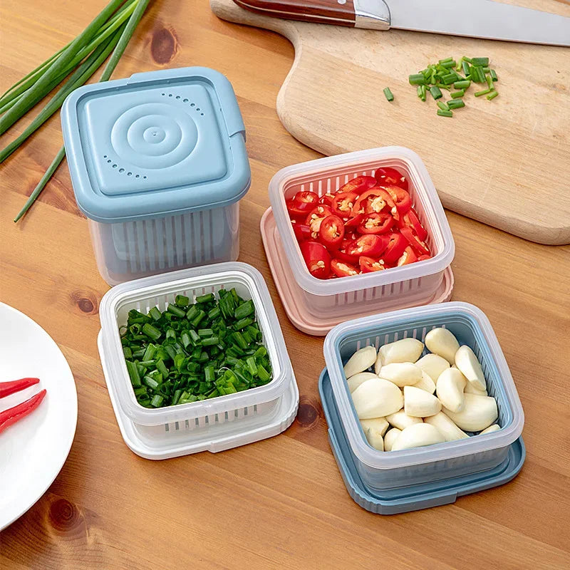 Double-layer Refrigerator Storage Box Ginger Scallion Onion Containers Sealed Fruits Vegetables Drain Crisper Kitchen Supplies