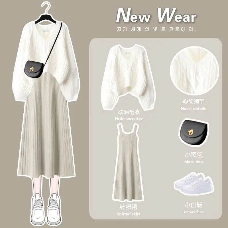 Women's Knitted Sweater Skirt Two Piece Set Women Slim Elegant Tops Female Sweater Dress Suits Lady Knitting Outfit - AIAZ