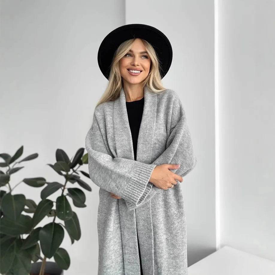 Women's Cardigan Wool Jacket Loose Retro Temperament Elegant Solid Color Collarless Knitted Long Sleeved Cardigan Jacket - AIAZ