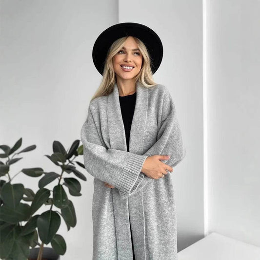 Women's Cardigan Wool Jacket Loose Retro Temperament Elegant Solid Color Collarless Knitted Long Sleeved Cardigan Jacket - AIAZ
