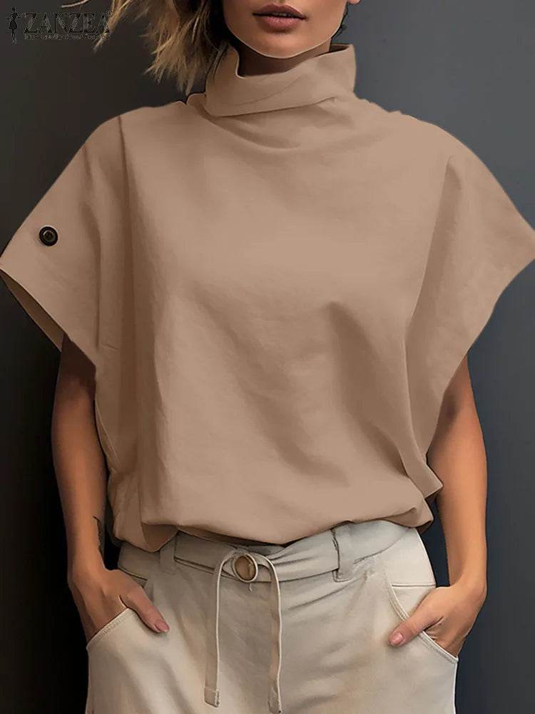 ZANZEA Women Stylish Tunic Tops Summer Office OL Shirts Short Sleeve Elegant Work Blouse Female Turtleneck Blusas Mujer Oversize - AIAZ