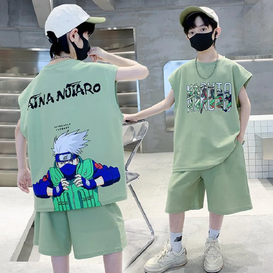 Summer Boys Cotton Sleeveless Cartoon T-Shirt Tops+Shorts Workout Sets School Kids 2PCS Tracksuit Children Jogging Outfit 5-16Yr