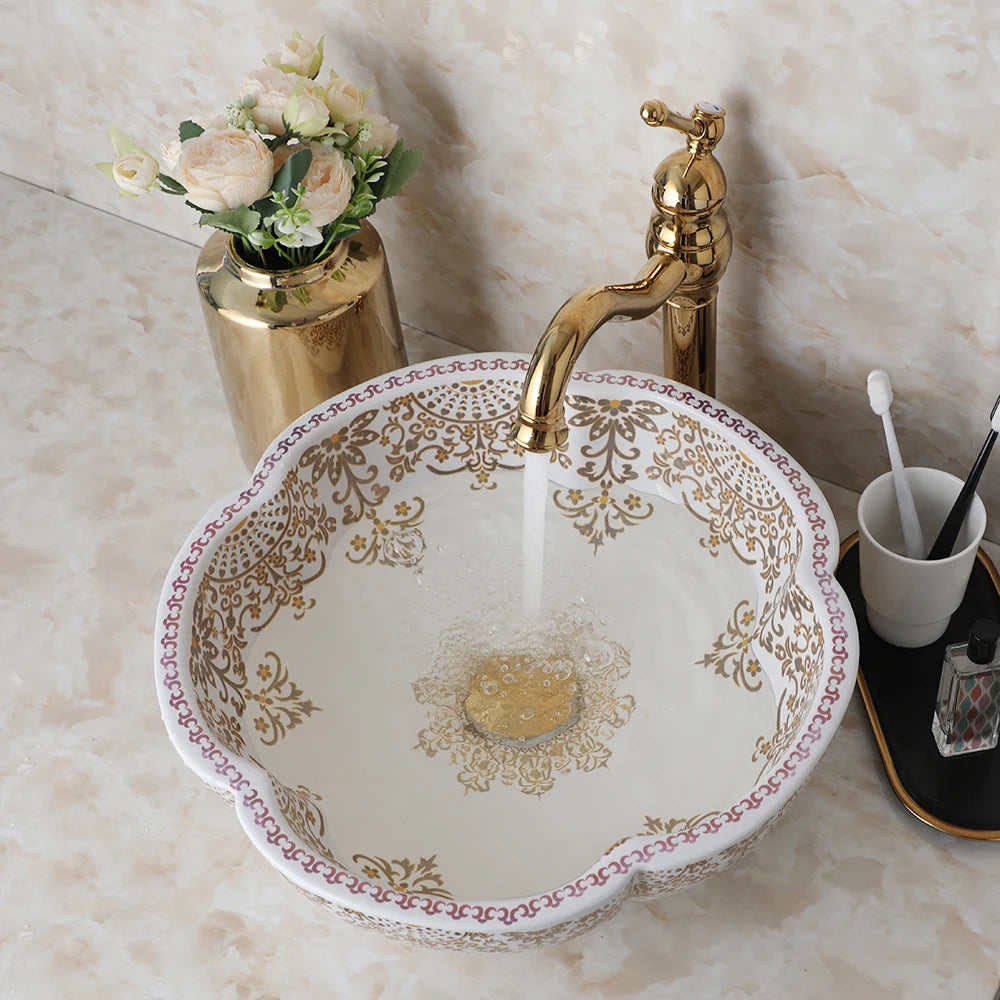 ZAPPO Above Counter Ceramic Vessel Sink For Bathroom Round Petal Shaped Flower & Bird Pattern Wash Basin Bowl Sinks With Faucet
