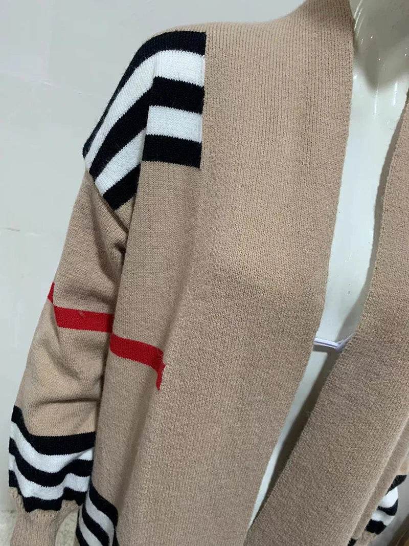 Women Sweater Spring Autumn Cardigan Coats Casual Stripes Knitted Cardigan Clothes Women Oversized Cardigan Long Sweater Coat - AIAZ