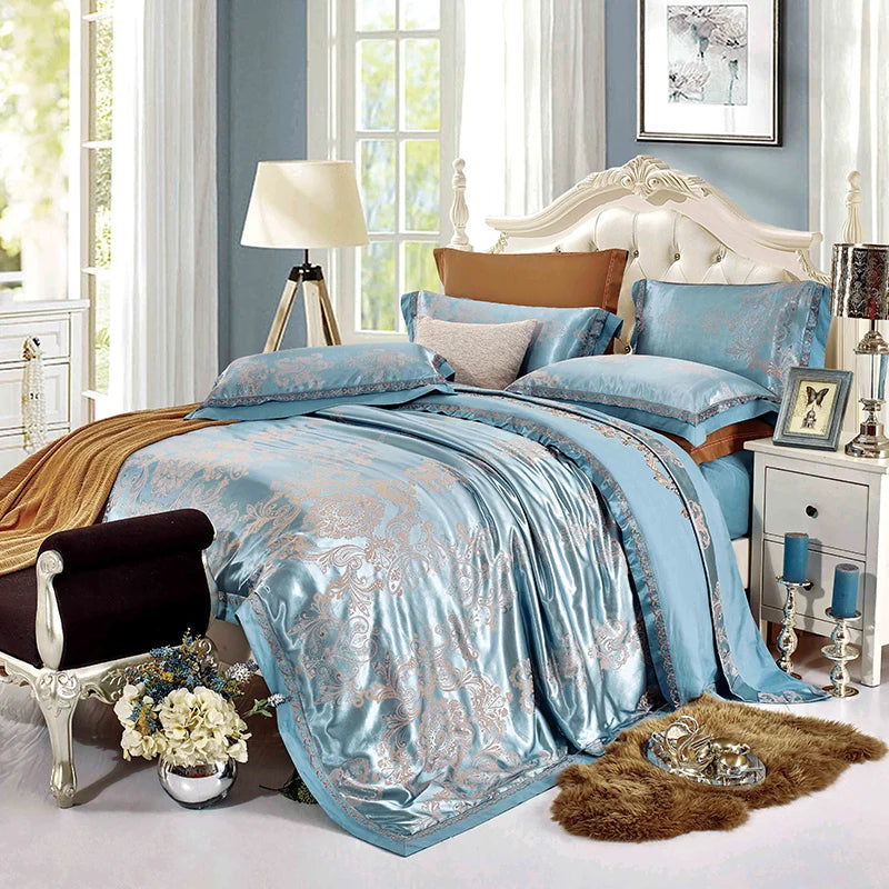 Sliver Gold Luxury Silk Satin Jacquard duvet cover bedding set queen king size Embroidery bed set bed sheet/Fitted sheet set