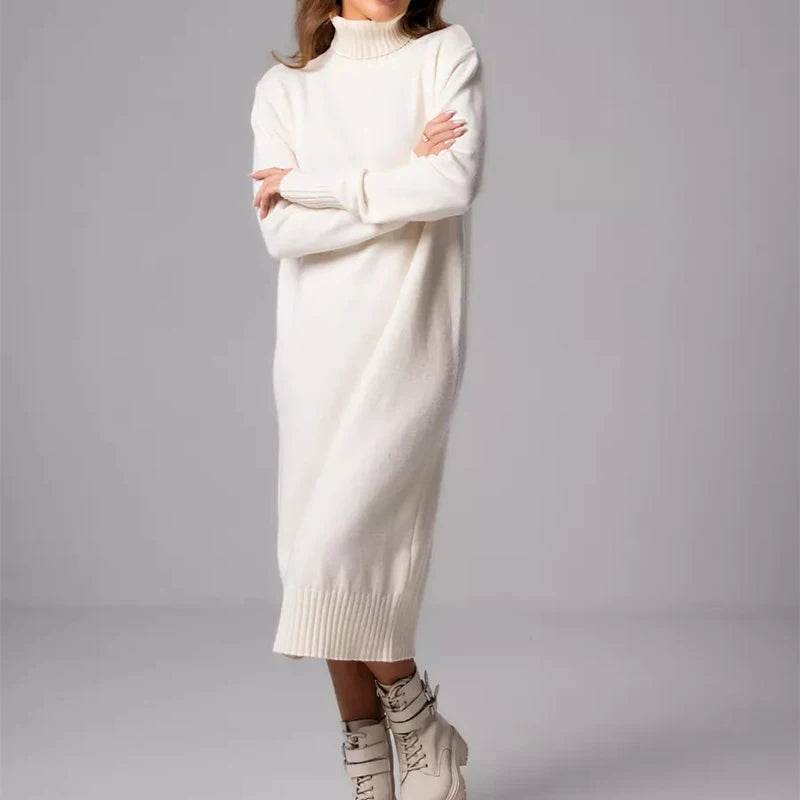 Ribbed Turtleneck Knitted Dress Women Autumn Winter Basic Long Sleeve Sweater Dress Woman Solid Color Long Dresses Female - AIAZ