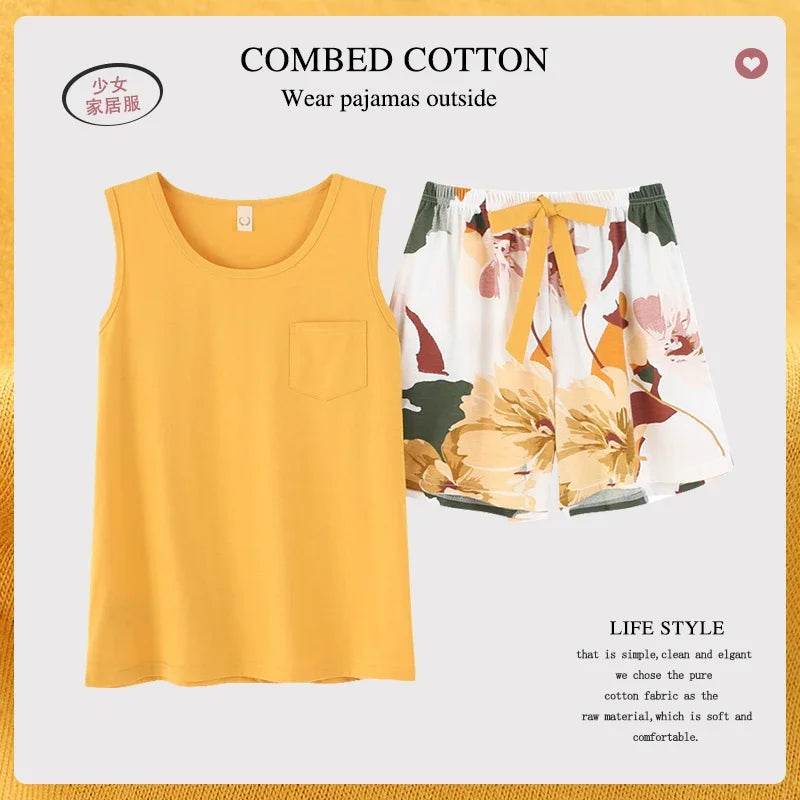 New women's pajamas set summer Cotton solid color top print shorts sleepwear Korean kawaii home clothes pijama two piece set - AIAZ