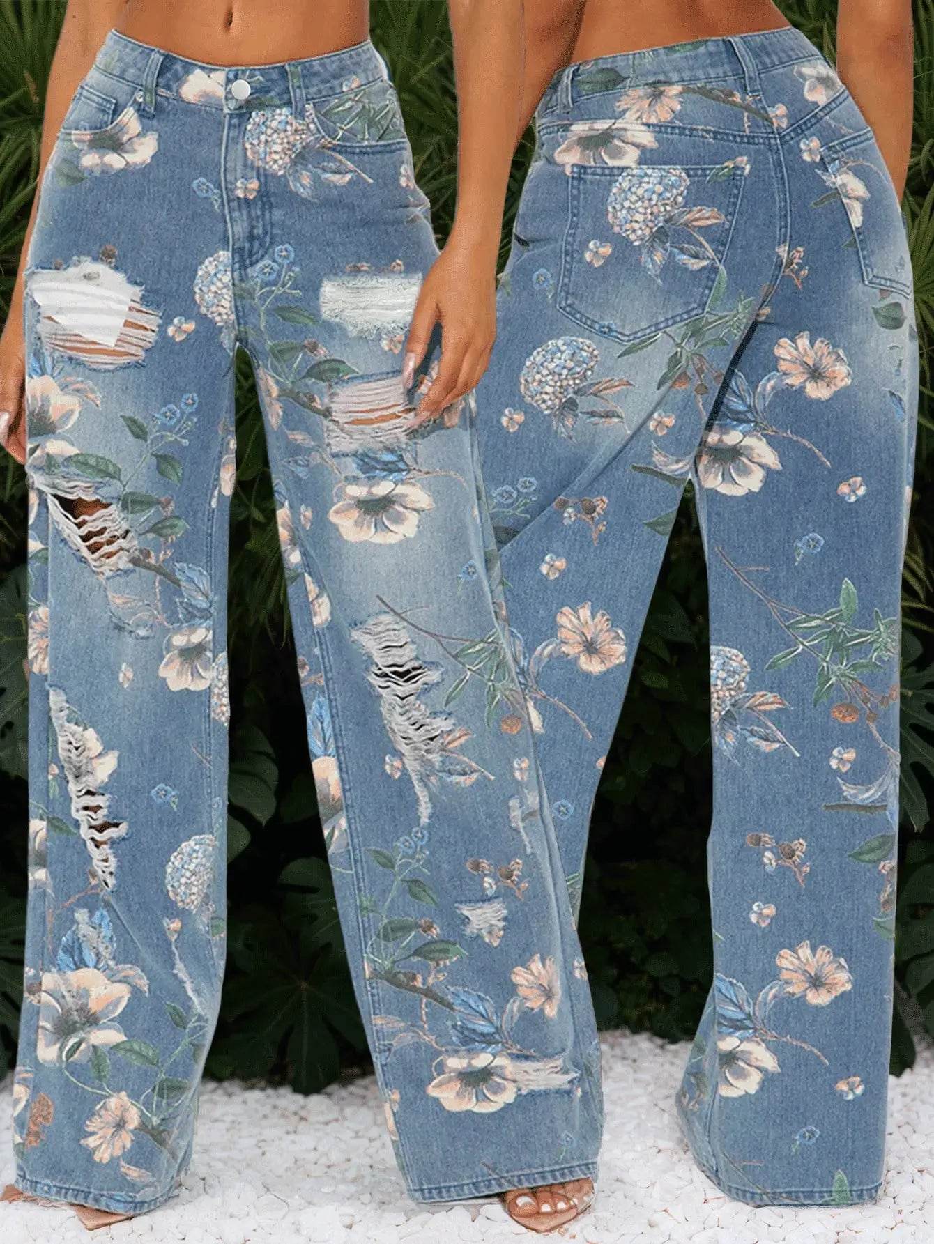 Women's Printed Straight-Leg Distressed Denim Jeans - Trendy Ripped Design for Casual Style - AIAZ