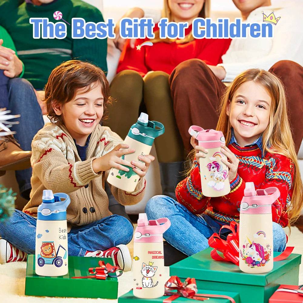 400ML Water Bottle for Children,Thermos With Cute Pattern,Children Thermal Bottle , School Kids Water Bottle With Straw BPA Free - AIAZ