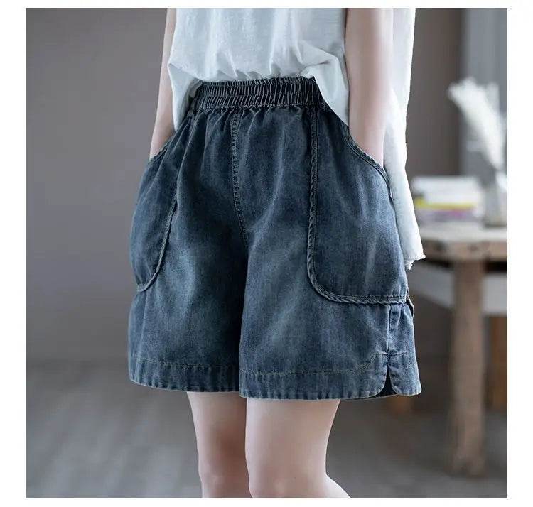 Summer Thin High-waisted Retro Denim Shorts for Women Loose Mid-pants New Wide-leg Large Pocket Five-point Pants - AIAZ