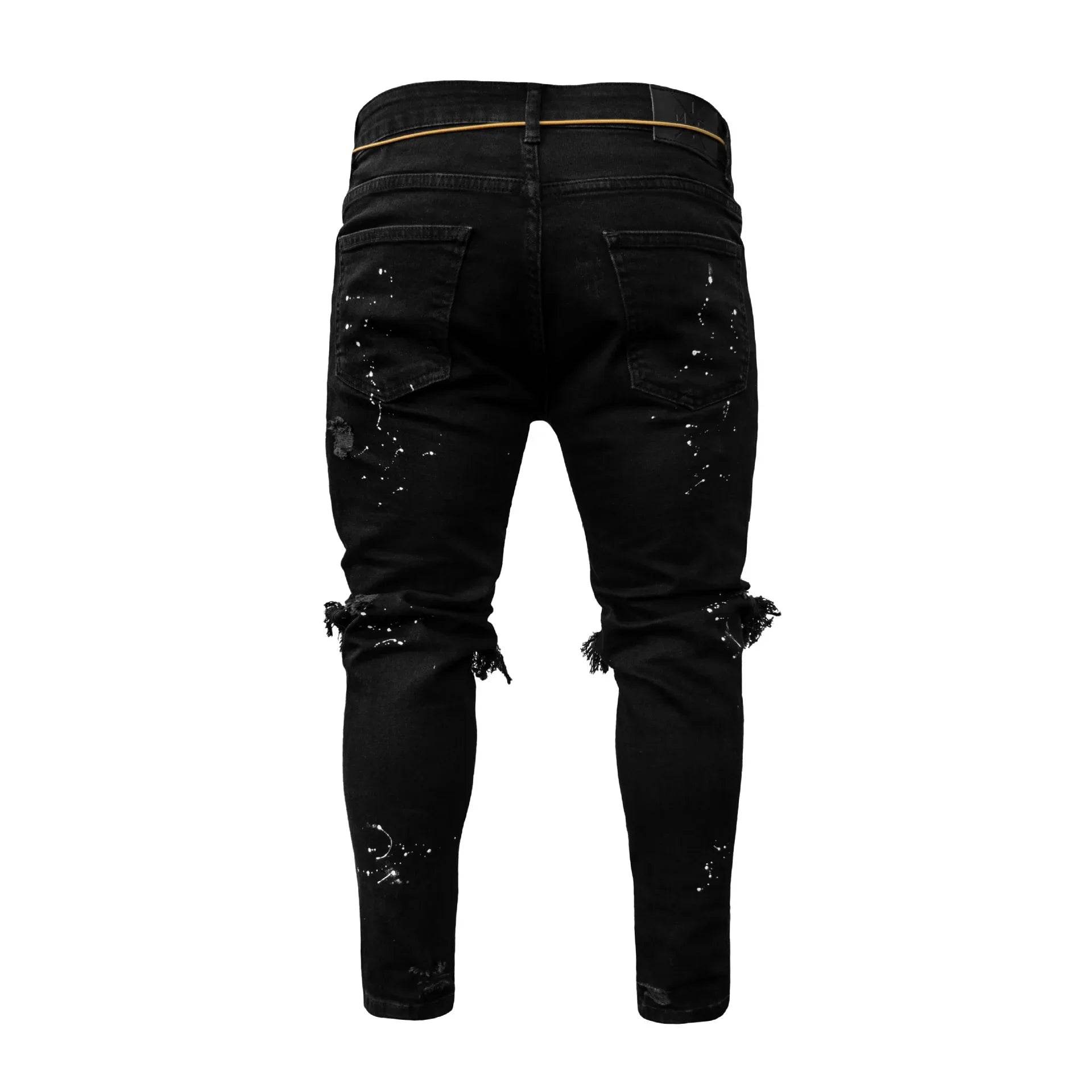 Men Long Jeans Pants Denim Pencil Pant Hole Splice Simple Slim Fit Zipper Lace Up Tight Waist Straight Trousers Autumn - AIAZ