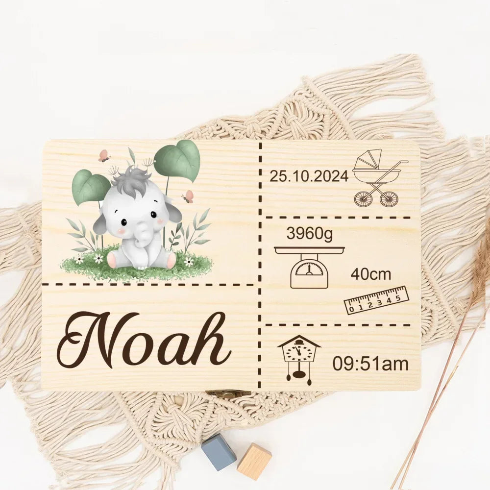 Personalised Safari Animal Baby Memory Box Custom Wooden Boxes Newborn Shower Gift Baby Birth Stats Keepsake Box Umbilical Boxes