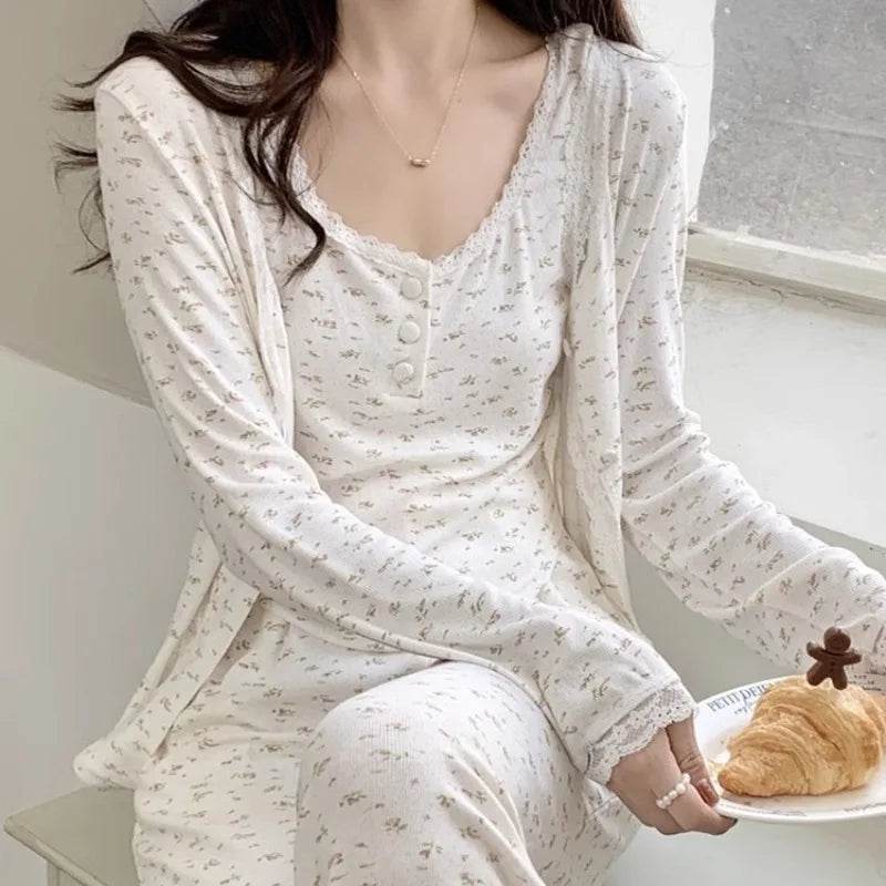 Three-Piece Pajama Set for Women Floral Lace Sweet Cardigan Camisole Homewear Long Sleeves Long Pants Fancy Underwear Ladies - AIAZ