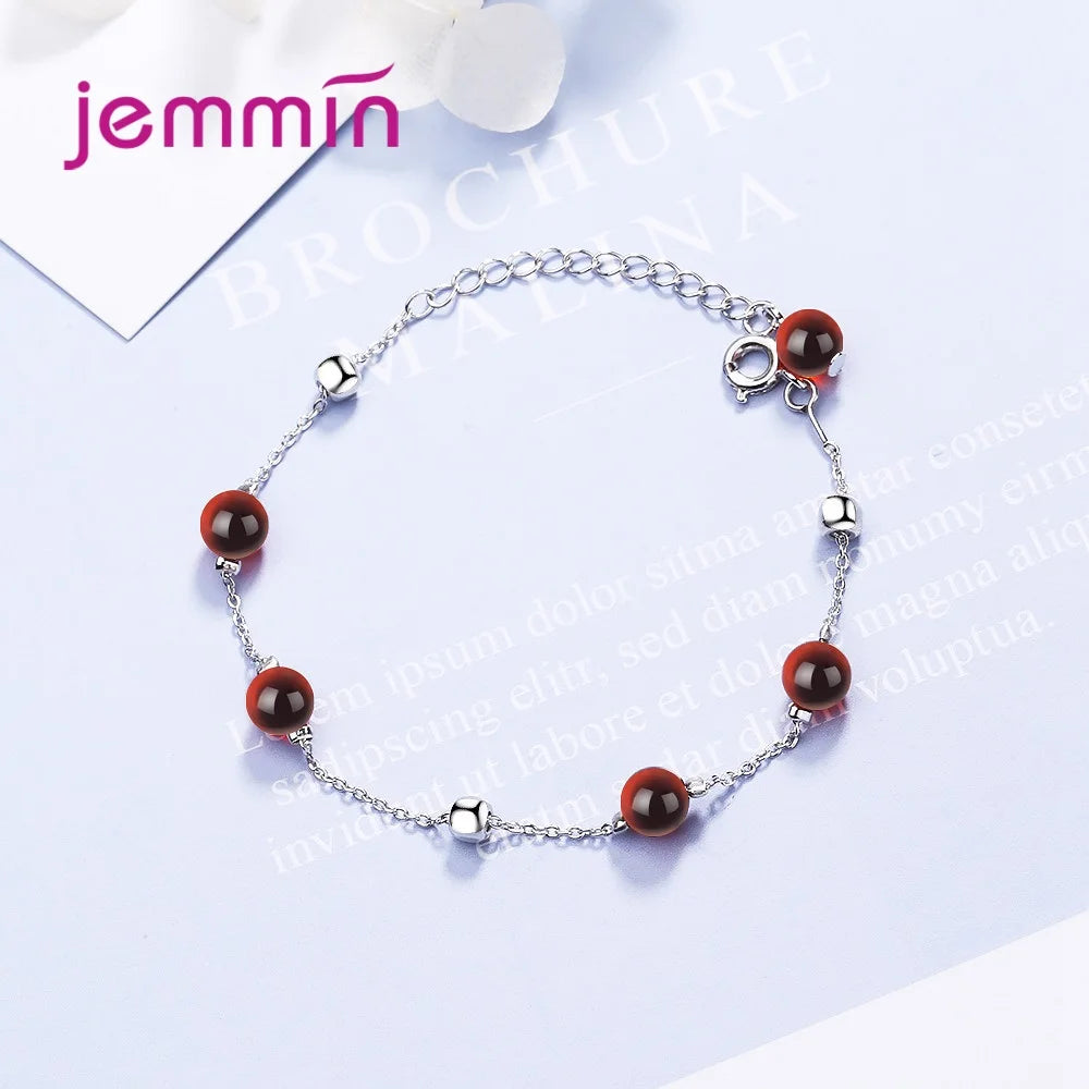 Charm 925 Sterling Silver Red Garnet Beads Chain Bangle&Bracelets for Women Girls Wedding Party Fashion Jewelry Gifts Accessory