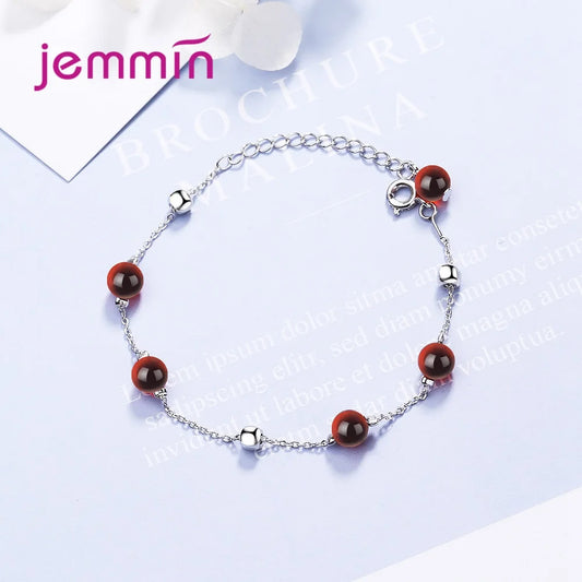 Charm 925 Sterling Silver Red Garnet Beads Chain Bangle&Bracelets for Women Girls Wedding Party Fashion Jewelry Gifts Accessory