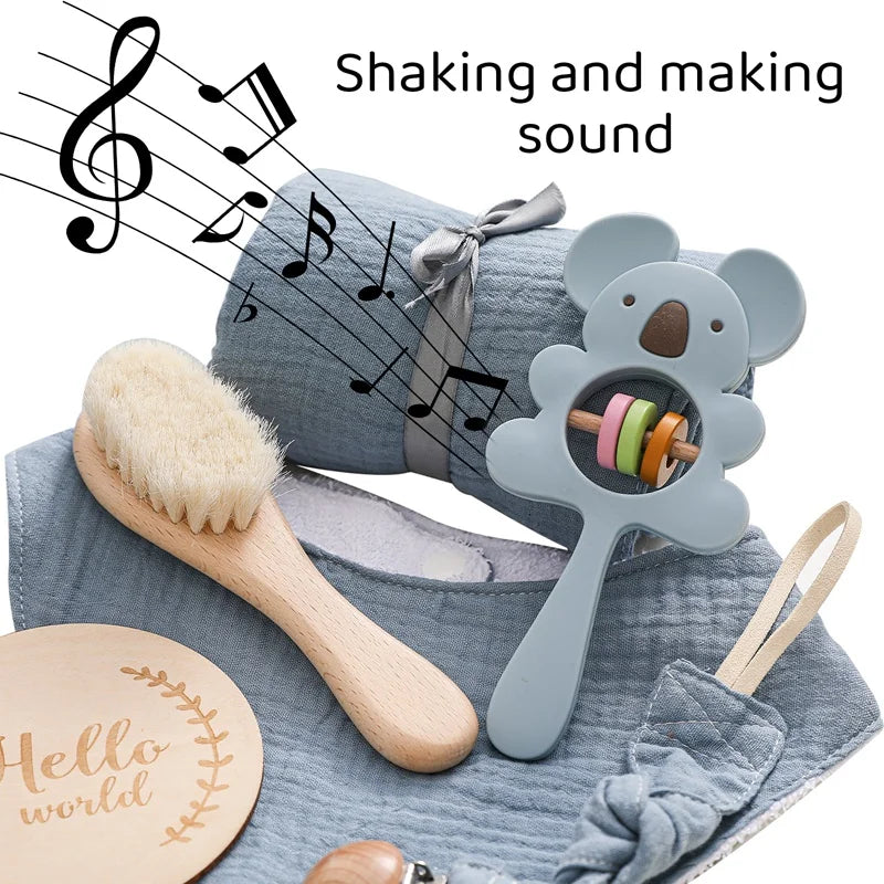 Baby Bathing Mouth Water Towel Pacifier Set Baby Full Moon Milestone Cards Wood Ring Rattle Bath Towel Wool Brush Birthday Gifts