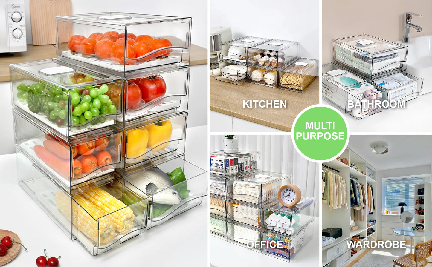 Fridge Organizer, Stackable Refrigerator Organizer Bins Reusable Food Storage Containers Fridge Drawer Organizer in Home Kitchen
