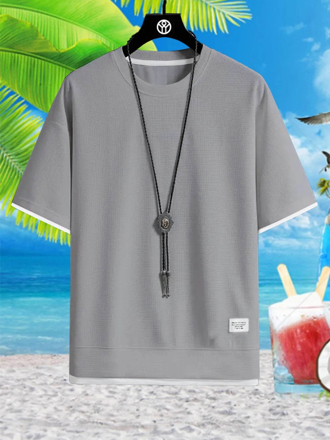 2025Men Summer Fashion Waffle Fake Two Pieces Top Short Sleeve T-shirt Male Comfortable Casual Breathable Quick DryTshirts Tee - AIAZ