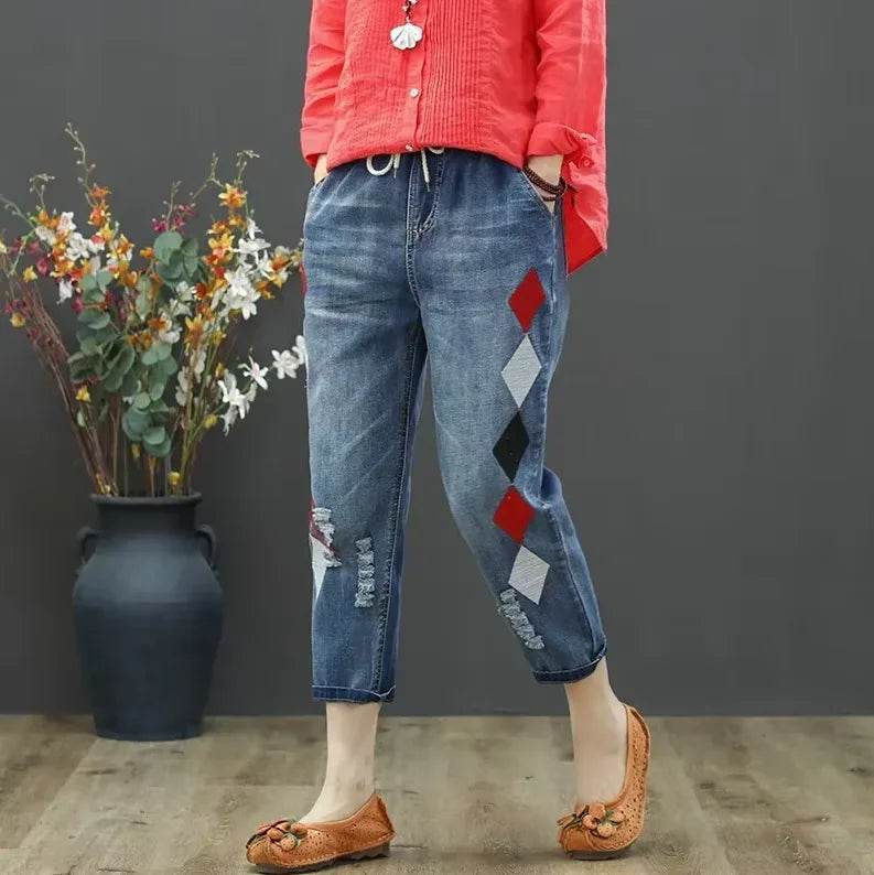 Womens Vintage Floral Loose Denim Pants 2025 Spring Chinese Style Casual Ripped Blue Jeans Holes Elastic Harem Trousers - AIAZ