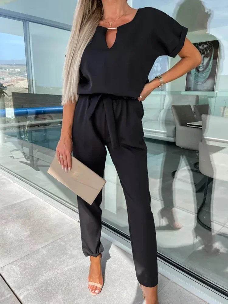 Jumpsuit Women 2023 Solid Color Short Sleeve V-neck Pocket Lace-up Pencil Long Pants Jumpsuits Summer Outfits Bodysuits - AIAZ