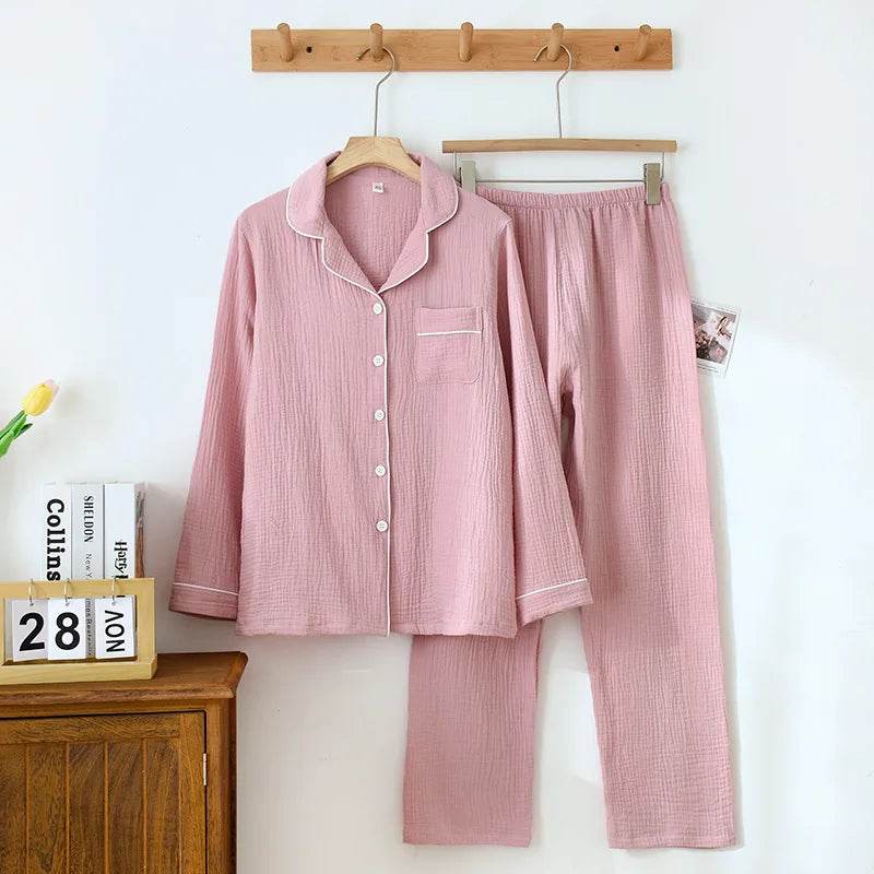 Solid Breathable Lovers 100% Cotton Crepe Pajamas Sets Women Men Autumn Long Sleeve Fresh Soft Pijama Mujer Casual Pyjamas - AIAZ