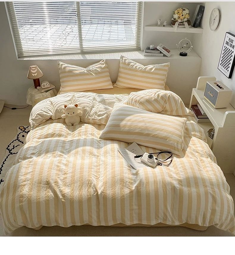 Washed Cotton Double Yarn Crepe Striped Quilt Set 3-4 Pillowcase with Sheet Bedding Cover Supplies 200x230 220x240 Skin Friendly