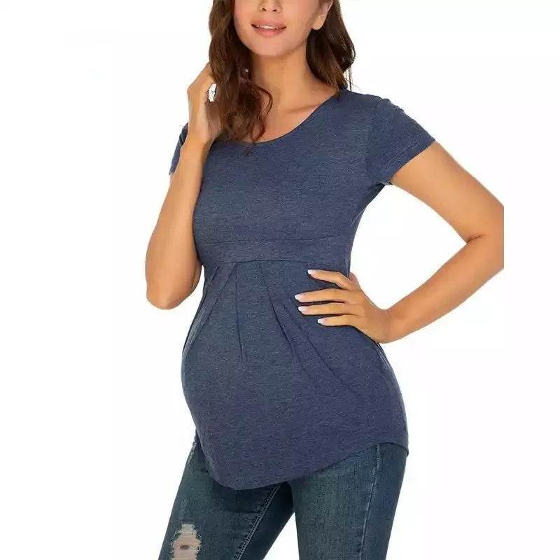 Summer Maternity Tops Women Pregnancy Short Sleeve T-Shirts Casual Tees for Pregnant Elegant Ladies Folds T-Shirt Women Clothes - AIAZ